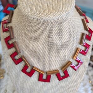Vintage Matisse Red Enamel Copper Necklace. 1950 Renoir 15in